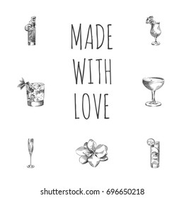 Hand Drawn Beverage Sketches Set. Collection Of Old Fashioned, Tom Collins, Champagne And Other Sketch Elements.