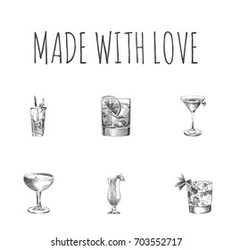 Hand Drawn Beverage Sketches Set. Collection Of Old Fashioned, Last Word, Beverage And Other Sketch Elements.