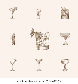 Hand Drawn Beverage Sketches Set. Collection Of Martinez, Pisco Sour, Daiquiri And Other Sketch Elements.