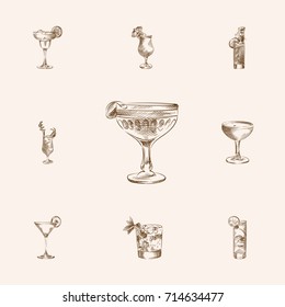 Hand Drawn Beverage Sketches Set. Collection Of Old Fashioned, Exotic Drink, Daiquiri And Other Sketch Elements.