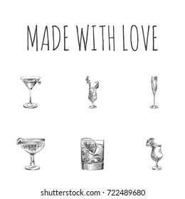 Hand Drawn Beverage Sketches Set. Collection Of Exotic Drink, Manhattan, Pisco Sour And Other Sketch Elements.
