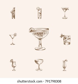 Hand Drawn Beverage Sketches Set. Collection Of Manhattan, MAI TAI, Bloody Mary And Other Sketch Elements.