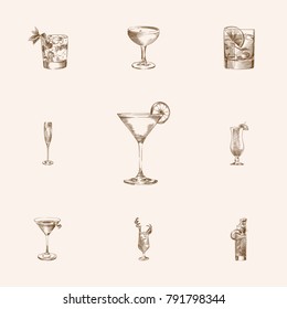 Hand Drawn Beverage Sketches Set. Collection Of Pina Colada, Old Fashioned, Beverage And Other Sketch Elements.