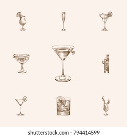 Hand Drawn Beverage Sketches Set. Collection Of Champagne, Tom Collins, Daiquiri And Other Sketch Elements.