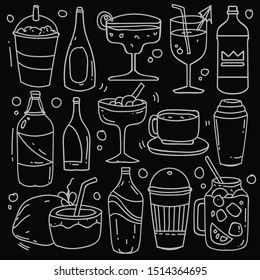 Hand drawn of beverages in doodle style isolated on black background, Vector hand drawn set beverages theme. Vector illustration