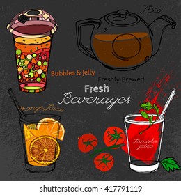 Hand drawn beverages set  in artistic style. Vector editable illustration on a textured dark gray background. Round glass teapot, orange and tomato juice and bubble tea.