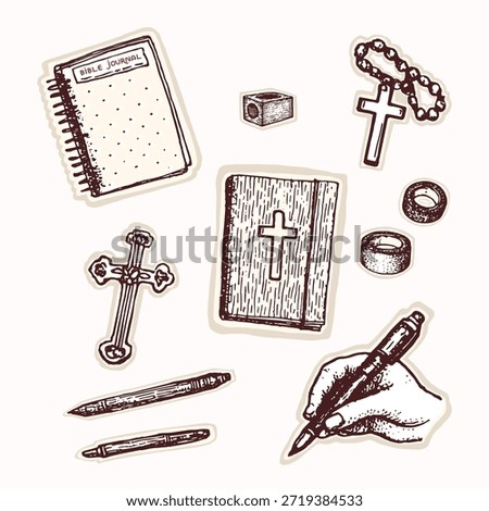 Hand drawn bible book with journaling pens , hand writing notes, christian cross .Simple isolated vector motif set or pretty bible aesthetic sticker style clip art . Verse mapping womens bible study