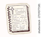 Hand drawn bible journaling notes page with christian cross and ring binder detail.Simple isolated vector motif for pretty bible aesthetic sticker style clip art