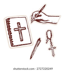 Conjunto de adesivos de estudo de jornalismo bíblico desenhado à mão. Caderno cristão para estudo bíblico com caneta de mão, um chaveiro cruzado e um destacador de escrita. Icone de vetor editável plano isolado conjunto de motivos