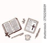 Hand drawn bible study notes journal motif for christian contemplative with copy space. Black and white bible aesthetic element and coffee for scripture verse sticker. Faith illustration border