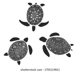 
Hand drawn bicolor doodle turtles with doodle style tortoise shells. Nice black and white illustration isolated on white. For print on t-shirt. Stickers mini set. White ornaments on dark silhouettes.