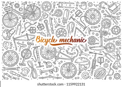 Hand drawn bicycle mechanic set doodle vector background