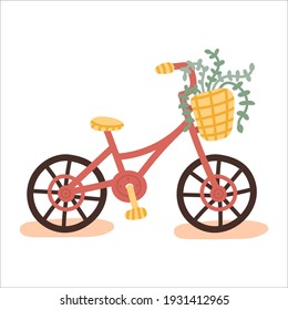 Hand drawn bicycle with plants isolated on white background. Eco pedal transport carrying baskets with plants. Vector flat illustration