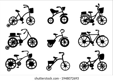 Hand drawn bicycle set of black silhouettes isolated on white background. Vector flat illustration.