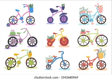 Bicicleta dibujada a mano con plantas aisladas de fondo blanco. Transporte de pedales ecológicos con cestas de plantas. Ilustración plana vectorial.
