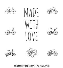 Hand Drawn Bicycle Sketches Set. Collection Of Childlike, Hybrid Velocipede, Exercise Riding And Other Sketch Elements.