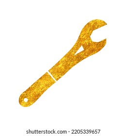Hand drawn bicycle spanner icon in gold foil texture vector illustration