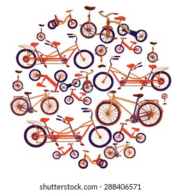 Hand drawn bicycles of different types composed in a round shape. Bicycle, tricycle, mono cycle, tandem bike, run bike. Vector illustration