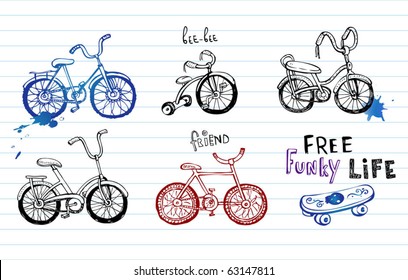 Hand drawn bicycles, set of 5 vector Doodles