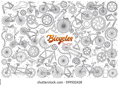 Bicicletas desenhadas à mão loja doodle definir fundo com letras laranja em vetor