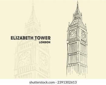 Hand drawn Big Ben Tower. London, vector line art illustration