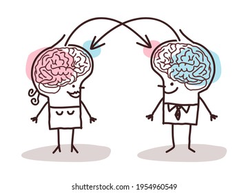 Hand drawn Big Brain Couple exchanging Ideas