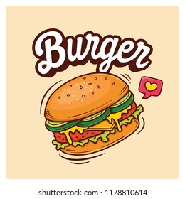 Hand Drawn Big Burger Vector Doodle Illustration.