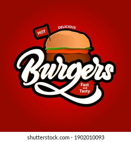 Hand Drawn Big Burger Vector Doodle Illustration with Lettering on red background 