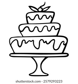 Hand drawn big cake in doodle style isolated on white background. Vector. Sweet and beautiful dessert. Template for greeting card, postcard, print, menu.