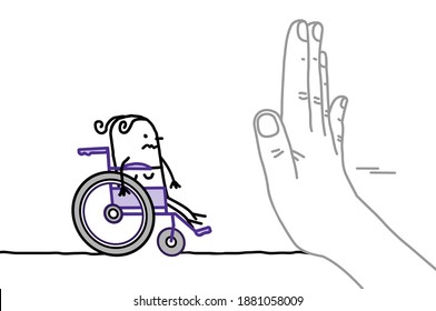 Hand drawn Big Hand with Cartoon Character - Stop Sign Facing a Disabled Woman