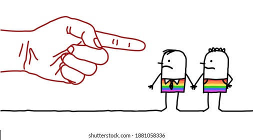 Hand drawn Big Hand with Cartoon Character - Pointing Finger Sign on a Gay Couple