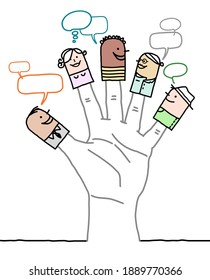 Hand drawn Big hand with cartoon characters - Mixed ethnicity social network