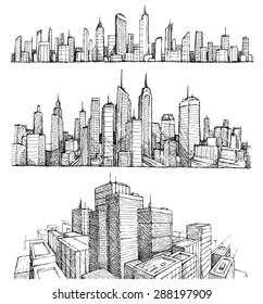 Hand drawn big cities cityscapes and buildings