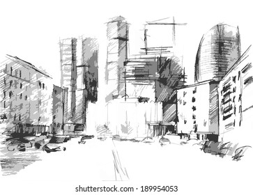 hand drawn of a big city with a modern skyscrapers in vector