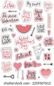 Dibujo a mano de gran clípart vector conjunto de elementos para el día de San Valentín, scrapbooking, tarjeta de saludo, pegatinas, invitación de fiesta, etiquetas de regalo.