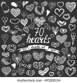 Hand drawn big collection of hearts. Doodle vector romantic set. Vintage elements for valentines day card, wedding, love theme.
