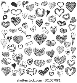 Hand drawn big collection of hearts. Doodle vector romantic set. Vintage elements for valentines day card, wedding, love theme.