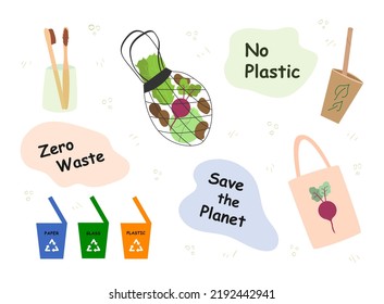  Hand drawn big color vector set. Zero waste recycling elements: toothbrush, shopping bag with vegetables and fruits, eco cup, waste sorting bins.Eco style, no plastic, save the planet concept.