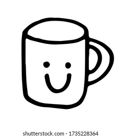a hand drawn big cup with a smile. Funny picture, kawaii style. Doodle illustration black stroke isolated on white background