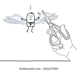 Hand drawn big Hand , Cutting off the Wings of a Cartoon Man