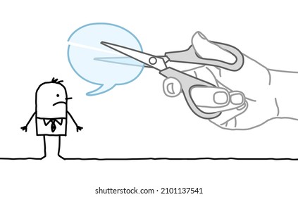 Hand drawn Big Hand, Cutting off the Speech of a Cartoon Man