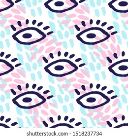 Hand Drawn Big Eyes Seamless Pattern Print with Brush Strokes Background 