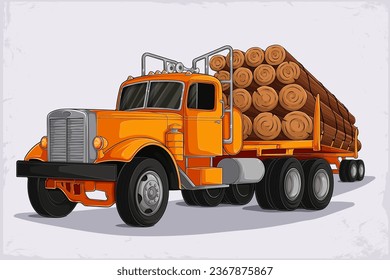 Hand drawn big golden logging truck filled with timber cut, Big rig American powerful semi truck