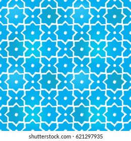Hand drawn big octagonal stars and little circles in arabic seamless pattern background. Traditional white oriental signs on soft blue backdrop. Greeting card background for muslim cards, banners.