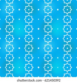 Hand drawn big octagonal stars and little circles in arabic seamless pattern background. Traditional white oriental signs on soft blue backdrop. Greeting card background for muslim cards, banners.