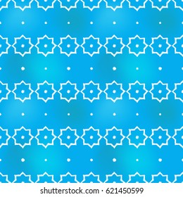 Hand drawn big octagonal stars and little circles in arabic seamless pattern background. Traditional white oriental signs on soft blue backdrop. Greeting card background for muslim cards, banners.