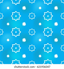 Hand drawn big octagonal stars and little circles in arabic seamless pattern background. Traditional white oriental signs on soft blue backdrop. Greeting card background for muslim cards, banners.