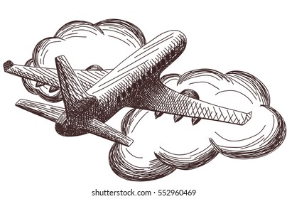 Hand drawn big passenger plane fly in the sky surrounded by the clouds