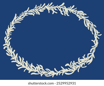 Desenhado à mão grande Sagebrush planta silhueta plana design oval borda, simples Sage folhas vetor gráfico com espaço para cópia, azul índigo e bege, bom para cartão de casamento, pano de fundo, papel de parede, fundo