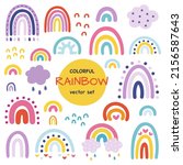 Hand drawn big set of different rainbows with hearts, clouds, raindrops and dots